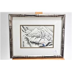 Two simulated bamboo framed Oriental pictures, both featuring Japan in the winter, one signed, each 