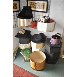 Selection of vintage hats and retail hat boxes plus vintage purses, handkerchiefs, muffs etc.