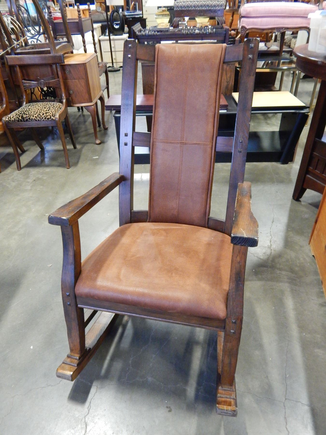 RUSTIC WOOD AND LEATHER ROCKING CHAIR - Big Valley Auction