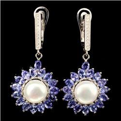 Natural Blue Tanzanite &  Pearl 48 Carats Earrings