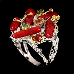 Natural Red Coral Emerald Sapphire Ring