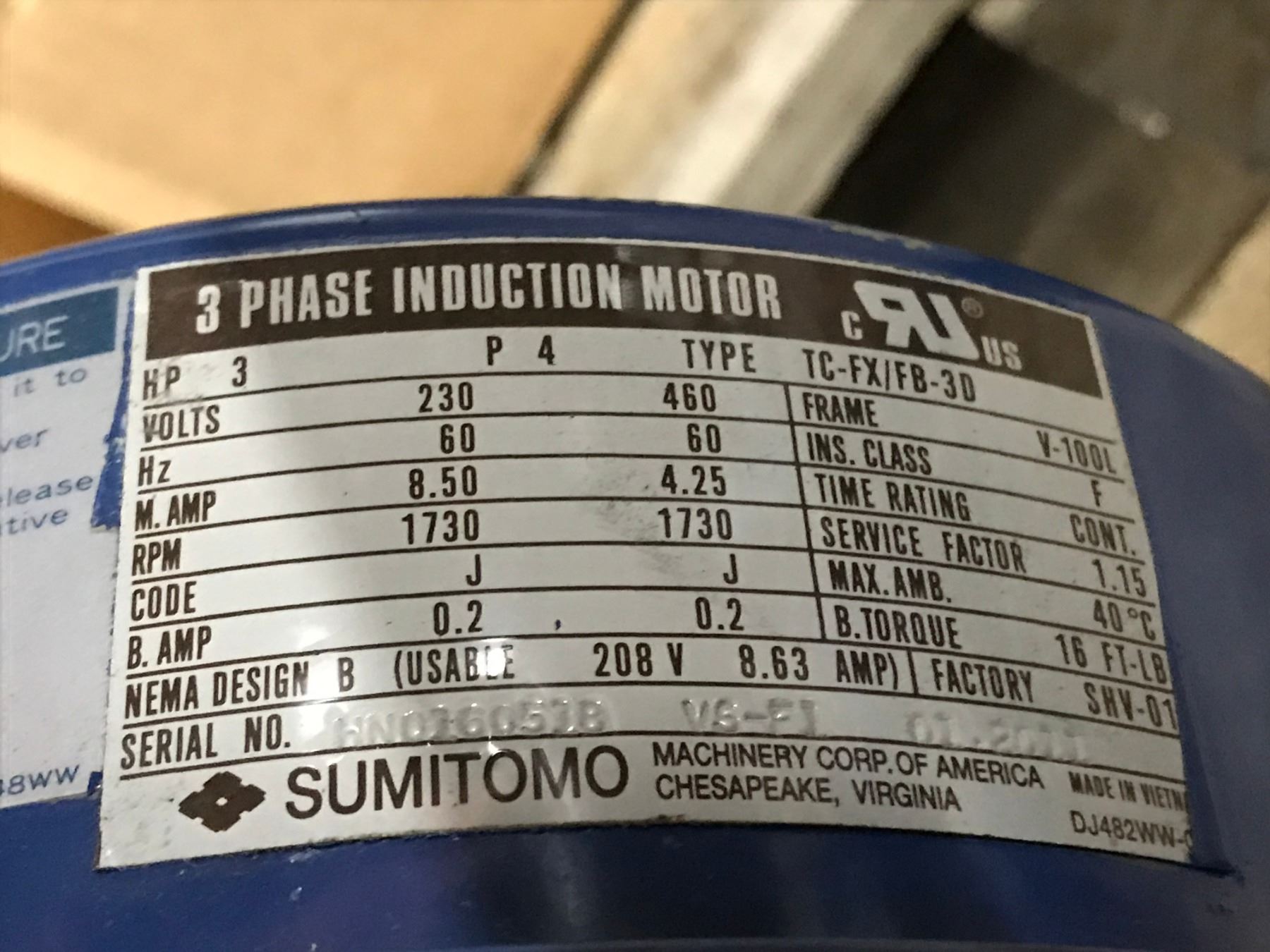 SUMITOMO 3 HP SMCYCLO 3 PHASE INDUCTION GEAR MOTOR