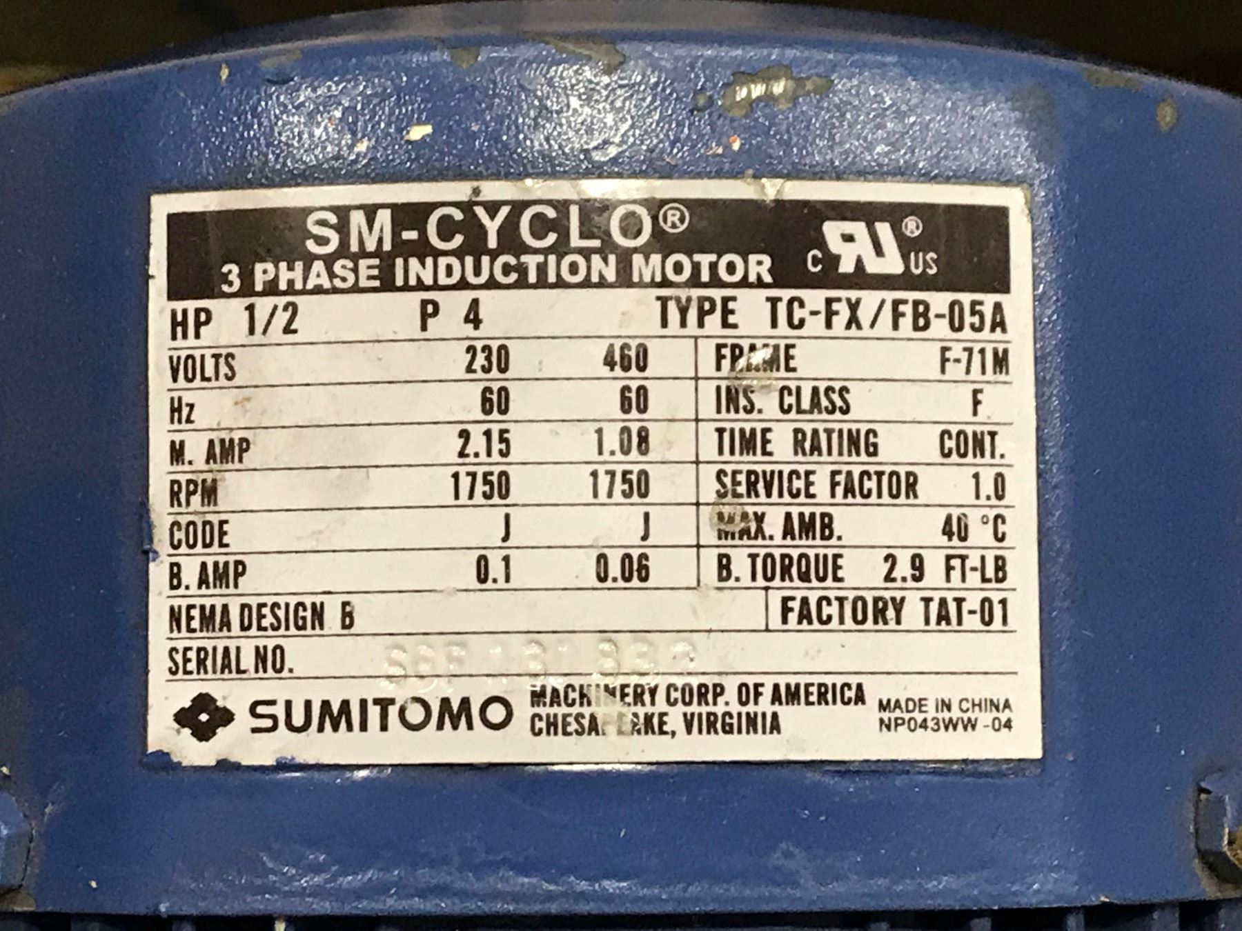 SUMITOMO 1/2 HP SMCYCLO 3 PHASE INDUCTION GEAR MOTOR