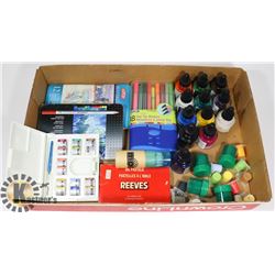 FLAT OF ART SUPPLIES INCLUDES PASTELS, PENCILS &