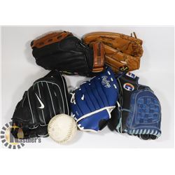 LOT OF 5 YOUTH BASEBALL GLOVES VARIOUS SIZES &