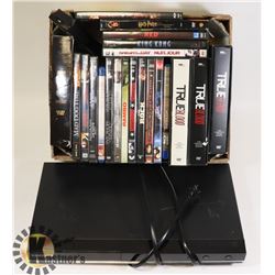 DVD PLAYER WITH ASSORTED DVDS.