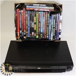 DVD PLAYER WITH REMOTE & ASSORTED DVDS.