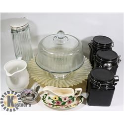 LOT OF KITCHEN ITEMS INCL HEAVY GLASS CAKE STAND.