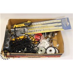TRAY OF SHOP ITEMS-SOCKET HOLDERS, BUNGEES, WHEEL