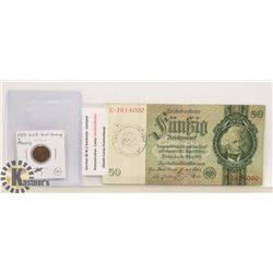 1937 WWII NAZI GERMANY PFENNING AND WWII STAMPED