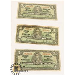 LOT OF 3 CANADIAN $1 DOLLAR BANK NOTES.
