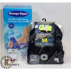 LOT WITH FOOT SPA SLIPPERS, EARRINGS, LED TOQUE