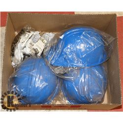 BOX W/ 3 NEW HARD HATS AND SAFETY GLASSES.