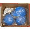 Image 1 : BOX W/ 3 NEW HARD HATS AND SAFETY GLASSES.