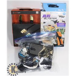 VR BLASTER GAME, HDMI CABLES & BAG OF CABLES.