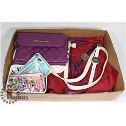 LOT OF PURSES, PHONE CASES AND USED WATCHES.