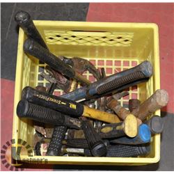 ASSORTED HAMMERS IN YELLOW MILK CRATE.