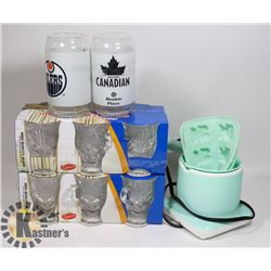 CHOCOLATE MOLD & MELTING POT, 2 GLASSES, 2 NEW