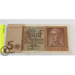 NAZI WWII 5 MARK BANK NOTE.