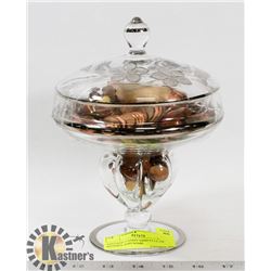 VINTAGE CANDY DISH FULL OF PENNIES AND SOME