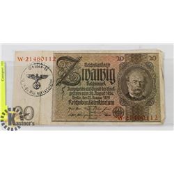 GERMAN NAZI BANK NOTE STAMPED 12 SS DYV HITLER