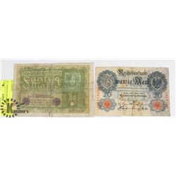 LOT OF 2 GERMAN BANK NOTES - 20 MARK 1910 & 50