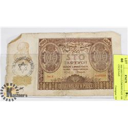 JEWISH GHETTO LITZMONSTADT 100 ZLOTYCH NAZI
