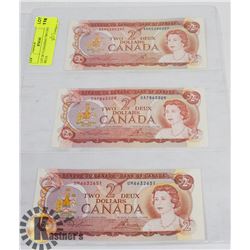 LOT OF 3 CANADIAN 1974 TWO DOLLAR BILLS.