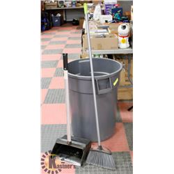 GARBAGE BIN WITH BROOM AND DUSTPAN.