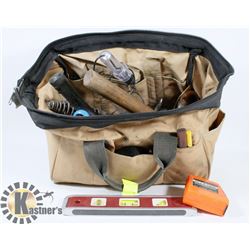 BROWN CANVAS TOOL BAG FULL OF TOOLS