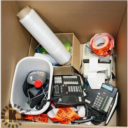 BOX WITH ASSORTED PHONES, CALCULATORS, CLEANING