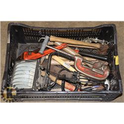 LARGE CRATE OF TOOLS INCL. RIDGID PIPE WRENCH &