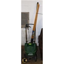 SCOTTS BROADCAST SPREADER AND GARDEN TOOLS.