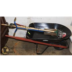JOBMATE 4 CU.FT. WHEELBARROW AND GARDEN TOOLS.