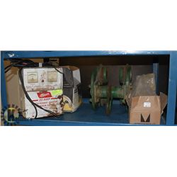 LOT WITH GREEN BEAM TROLLY, BATTERY CHARGER, BOX