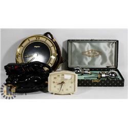 BOX OF ASSORTED VINTAGE CLOCKS AND COLLECTIBLES