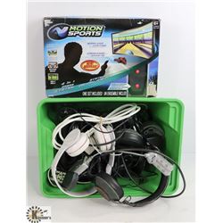 LOT OF HEADPHONES, CABLES, MOTION SPORTS GAME.