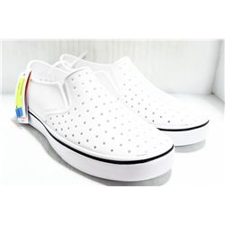 PAIR OF NATIVE WHITE PLASTIC SHOES SIZE 12.