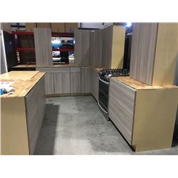 12' X 10'6"  KITCHEN CABINET SET WITH SILVER OAK FINISH 40" H UPPER CABINETS/MAPLE HARDWOOD DRAWERS