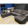 Image 1 : GREY UPHOLSTERED SECTIONAL SOFA WITH 5 THROW CUSHIONS (NEW) + USED LOUNGE (REQ CLEANING) 99" x 141"