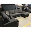 Image 2 : GREY UPHOLSTERED SECTIONAL SOFA WITH 5 THROW CUSHIONS (NEW) + USED LOUNGE (REQ CLEANING) 99" x 141"