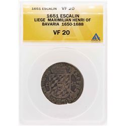 1651 Liege Maximilian Henri Of Bavaria Escalin Coin ANACS VF20