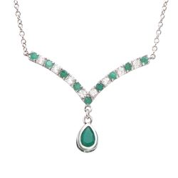 Plated Rhodium 2.20ctw Emerald and White Topaz Pendant with Chain