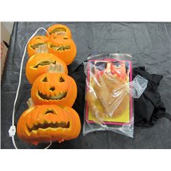 BOX WITH ASSORTED LIGHTED PUMPKIN, COSTUMES, ETC