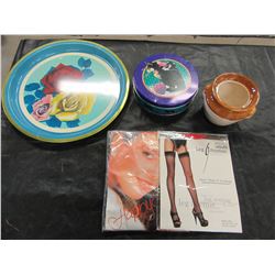 BOX WITH COLLECTOR TINS, BIRD HOUSES, TRAYS, ETC