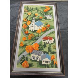 FRAMED NEEDLEWORK CHURCH PICTURE (NO GLASS)