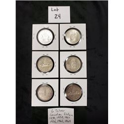 6 Silver Canadian Dollars: 1939,1953,1957,1958,1962,1964
