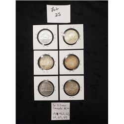 6 Silver Canadian Dollars: 1939,1962,1962,1964,1965,1965