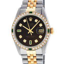 Rolex Mens 2 Tone 14K Brown Diamond & Emerald 36MM Datejust Wristwatch