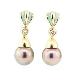 0.16 ctw Diamond and Pearl Earrings - 14KT Yellow Gold